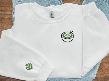 Matcha Embroidered Crewneck Sweatshirt, Matcha Gift, Matcha Lover Sweater, Matcha Mug Latte Art, Embroidery Sweater, Cute Matcha Tea Shirt